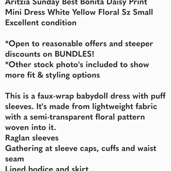 ARITIZA Sunday Best Bonita  Yellow White Daisy Babydoll  Cottagecore Dress S - Picture 10 of 10